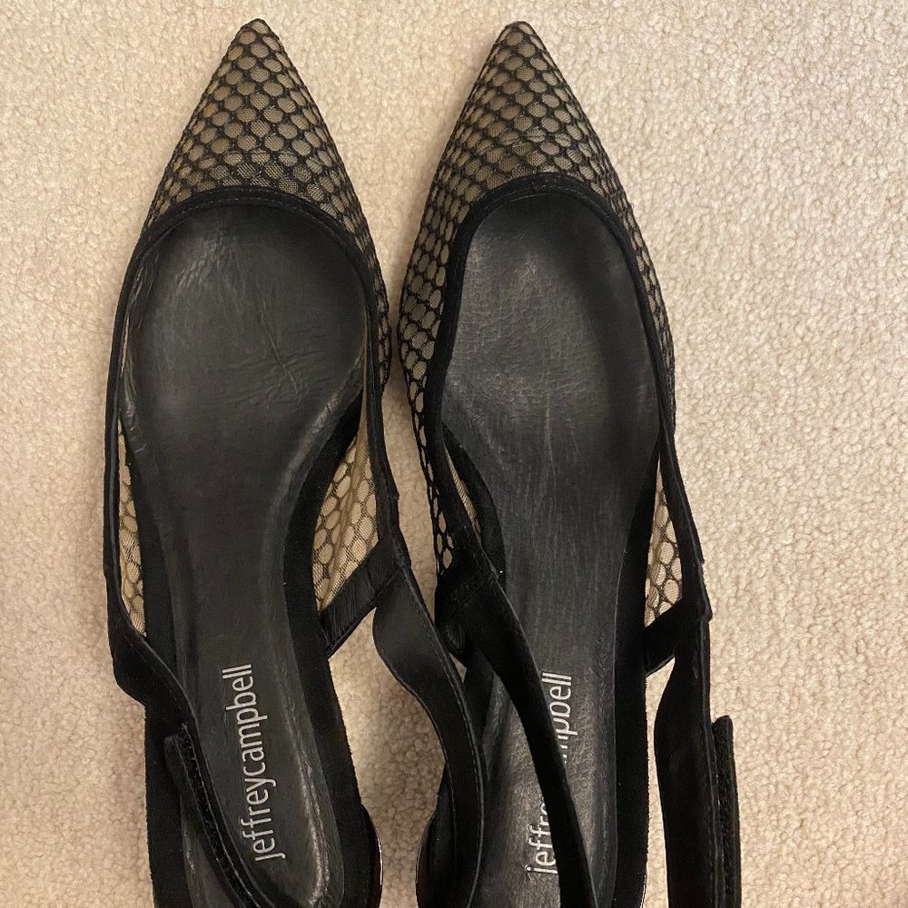 Jeffrey Campbell 2" Black Fishnet Heels with Velcro Strap Size 8